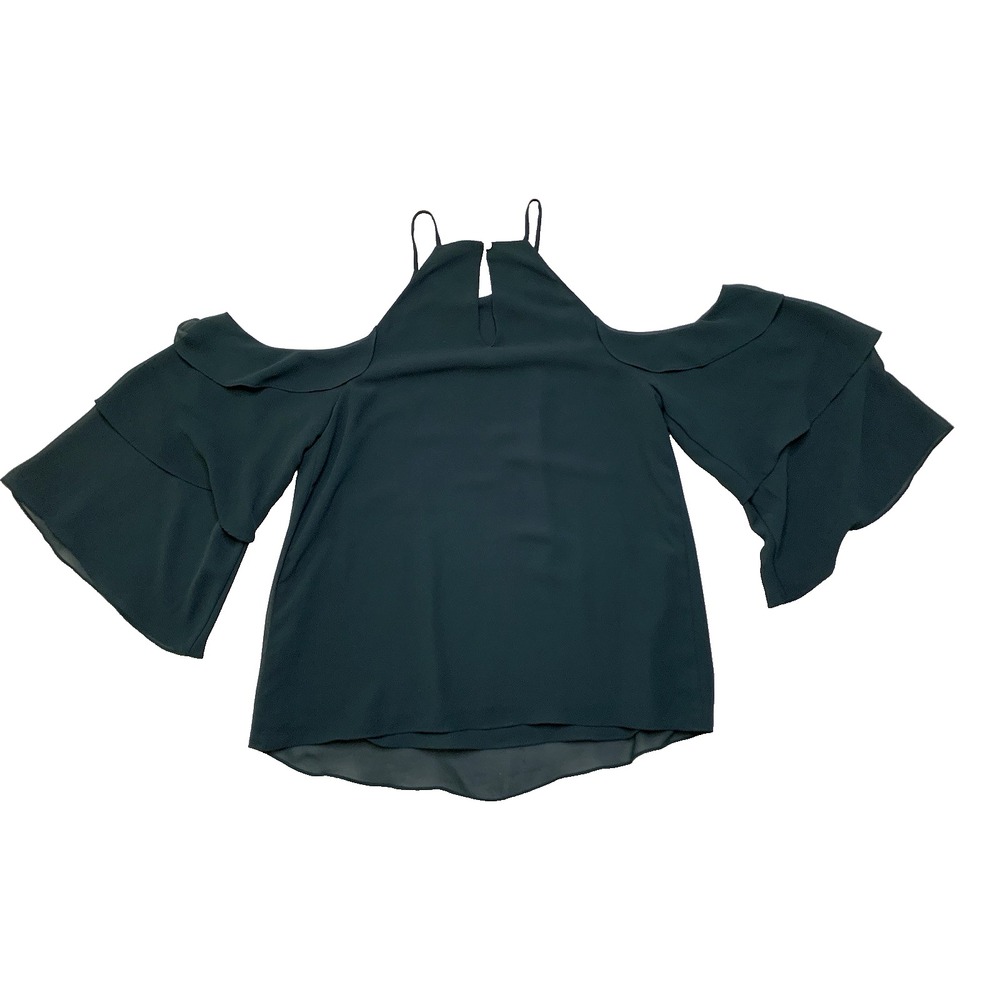 Naked Zebra Green Woman's Cold Shoulder Ruffle Blouse Flawed Size Small